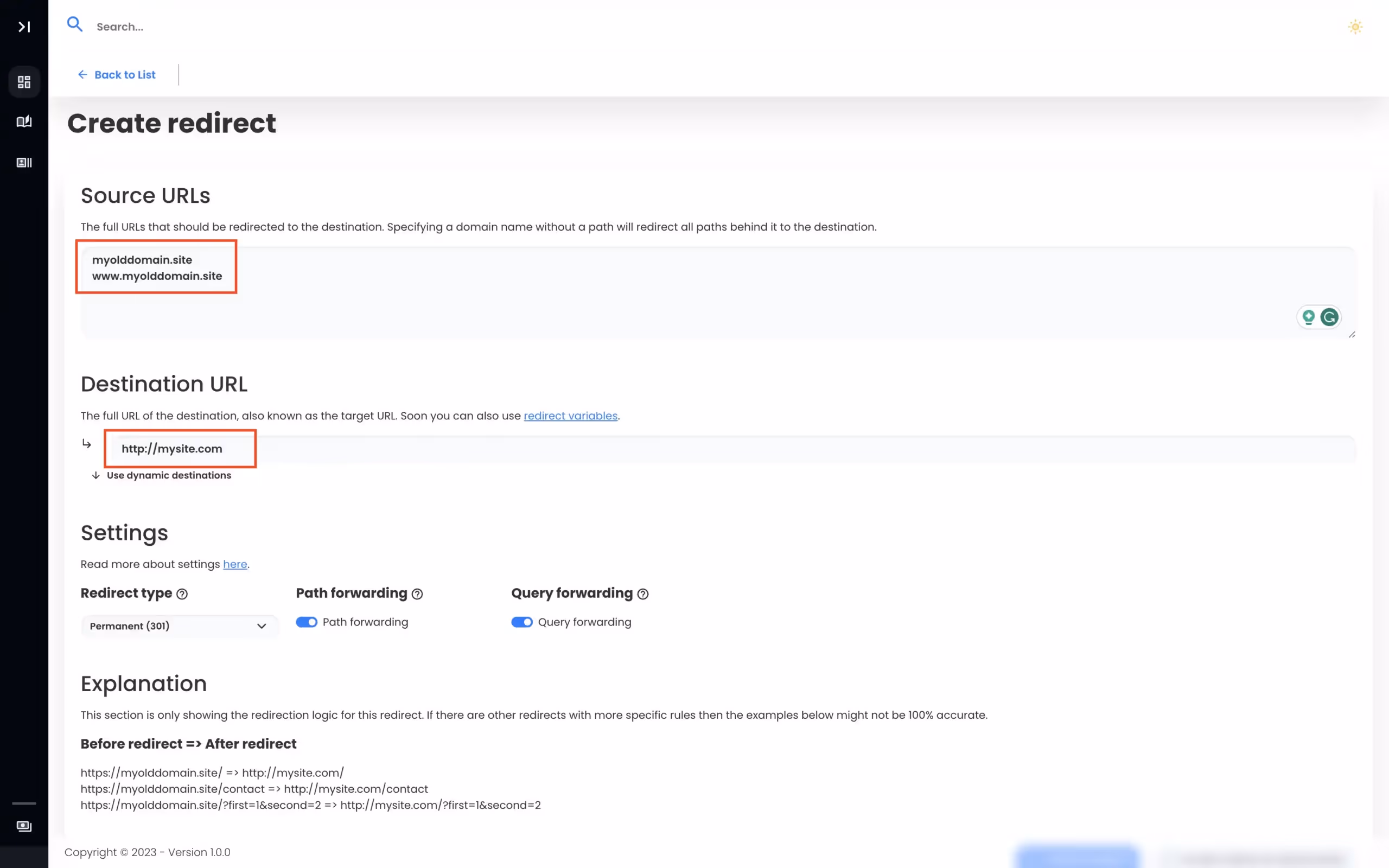 Domain Forward redirect configuration