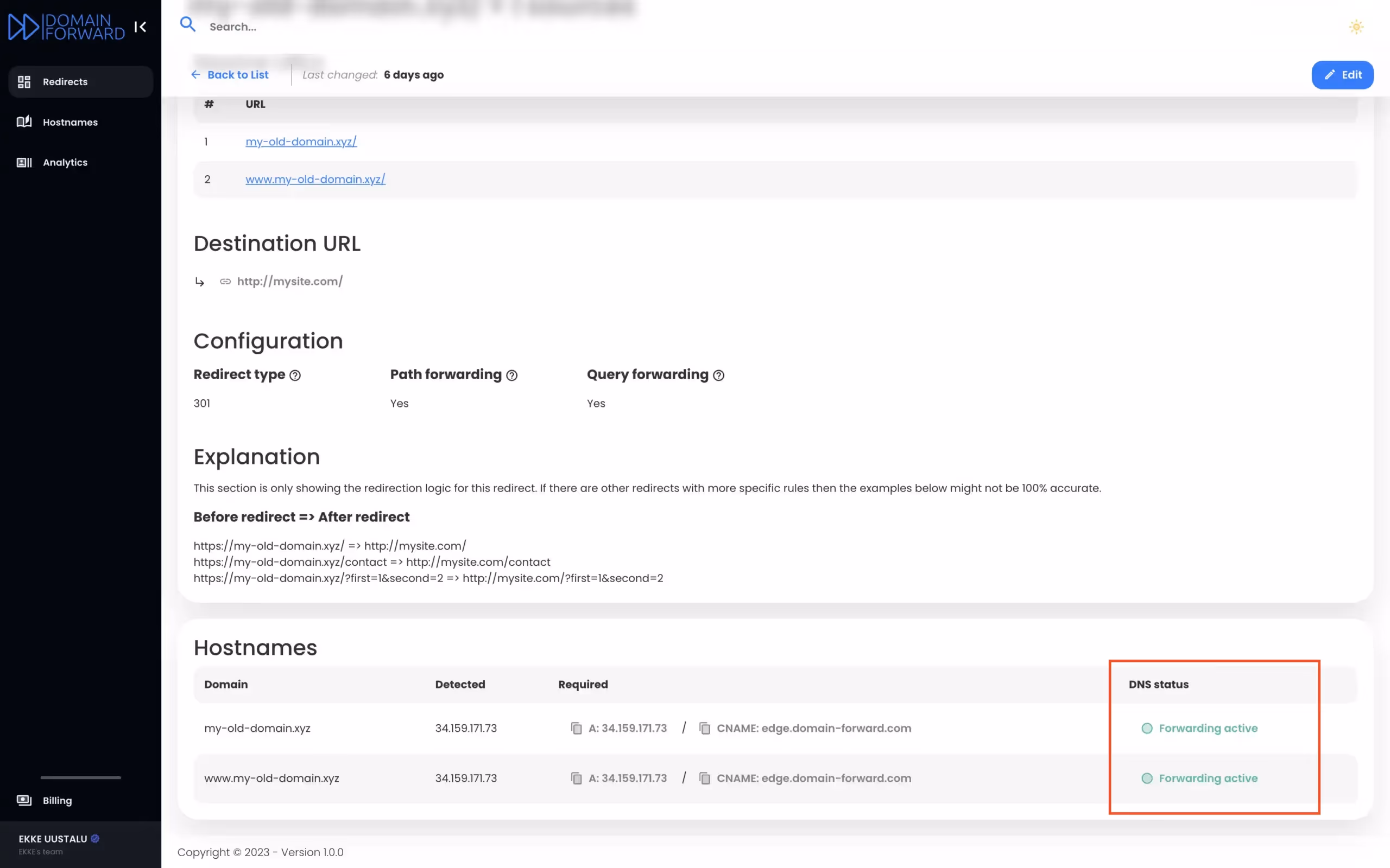 Domain Forward active redirect for migrated brand