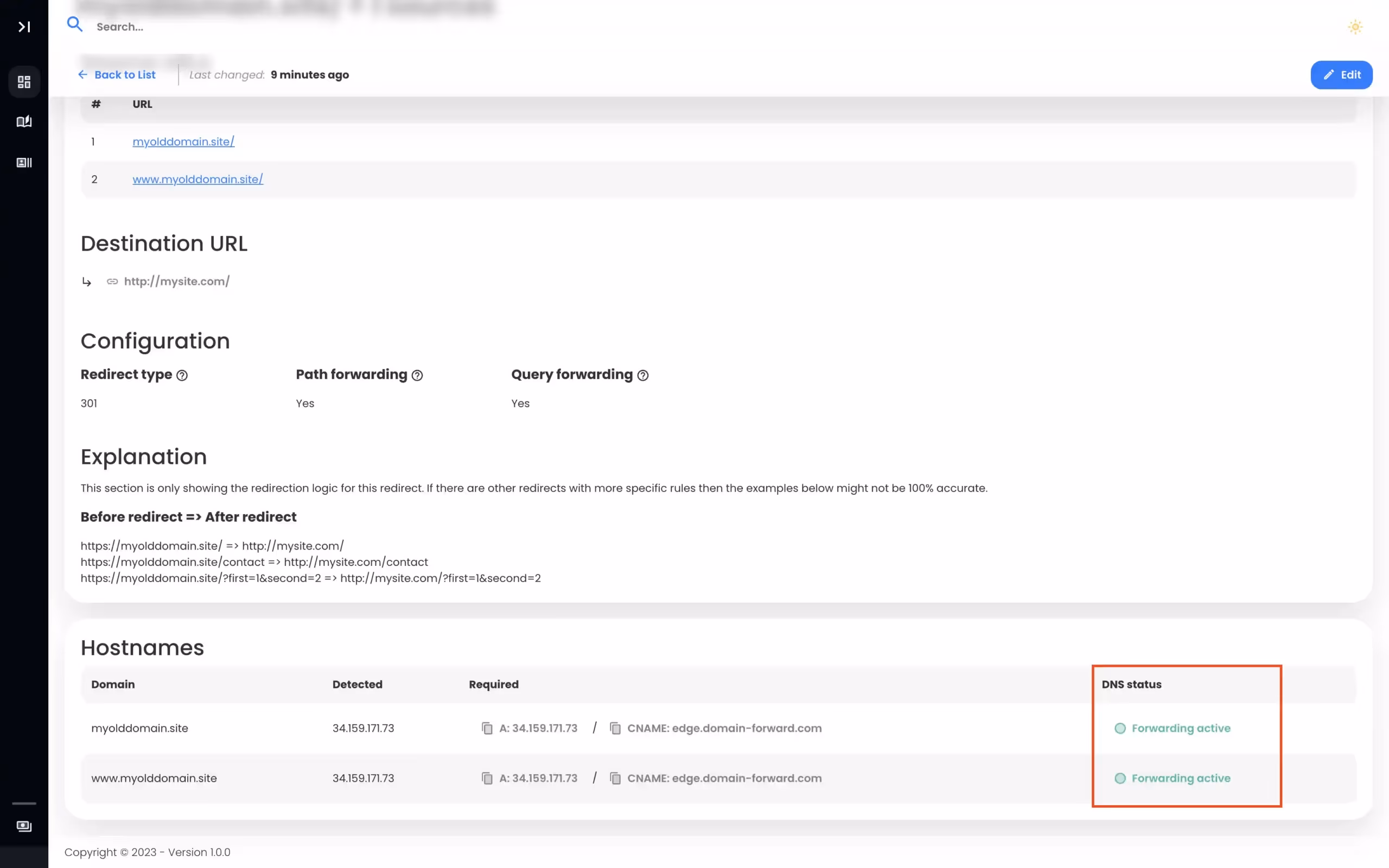 Domain Forward active redirects list