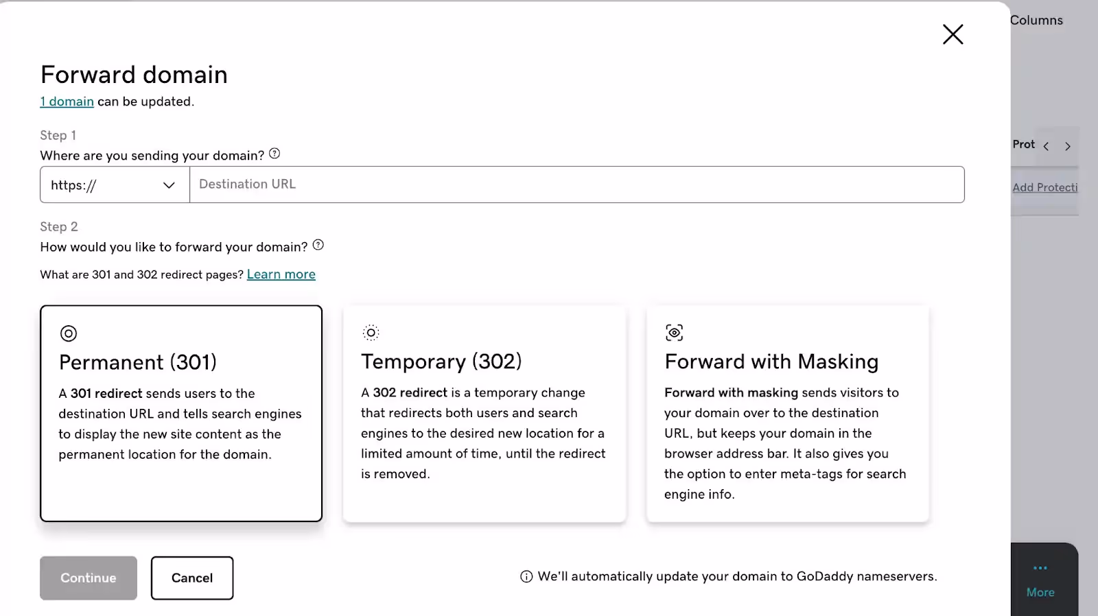 GoDaddy forwarding settings