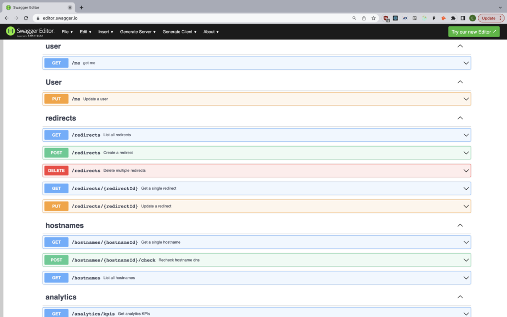 Domain Forward has an OpenAPI-defined interface for managing your redirects